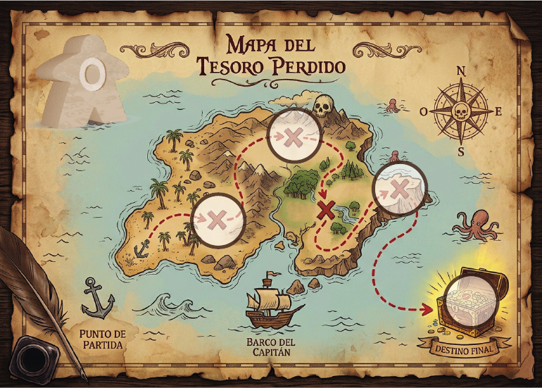 Reverso del carné lúdico de JugaMóstoles con el mapa del tesoro